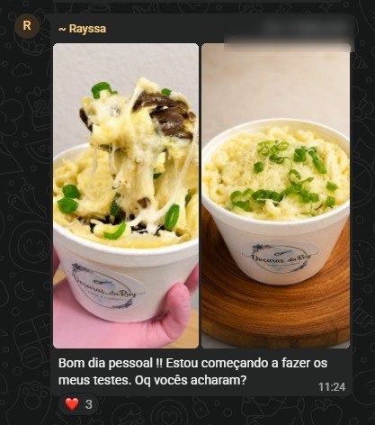 Aluna mostra fotos das primeiras batatas recheadas que produziu nos testes